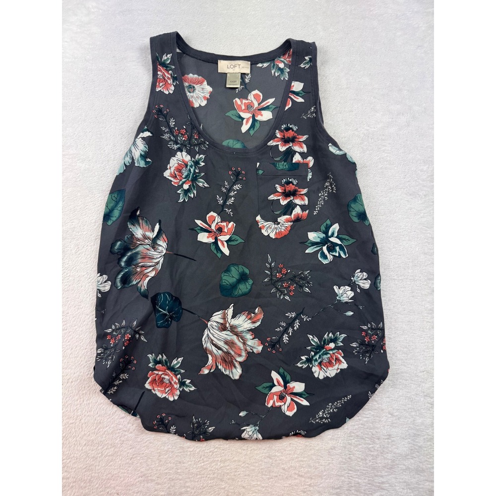 Loft Petites Floral Tank Top XXSP Gray Coral Sleeveless Pocket Blouse Scoop Neck